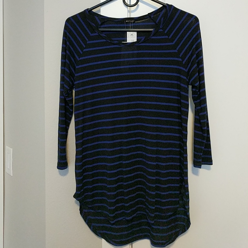 NWT LA Made black & blue striped 3/4 sleeve top, S